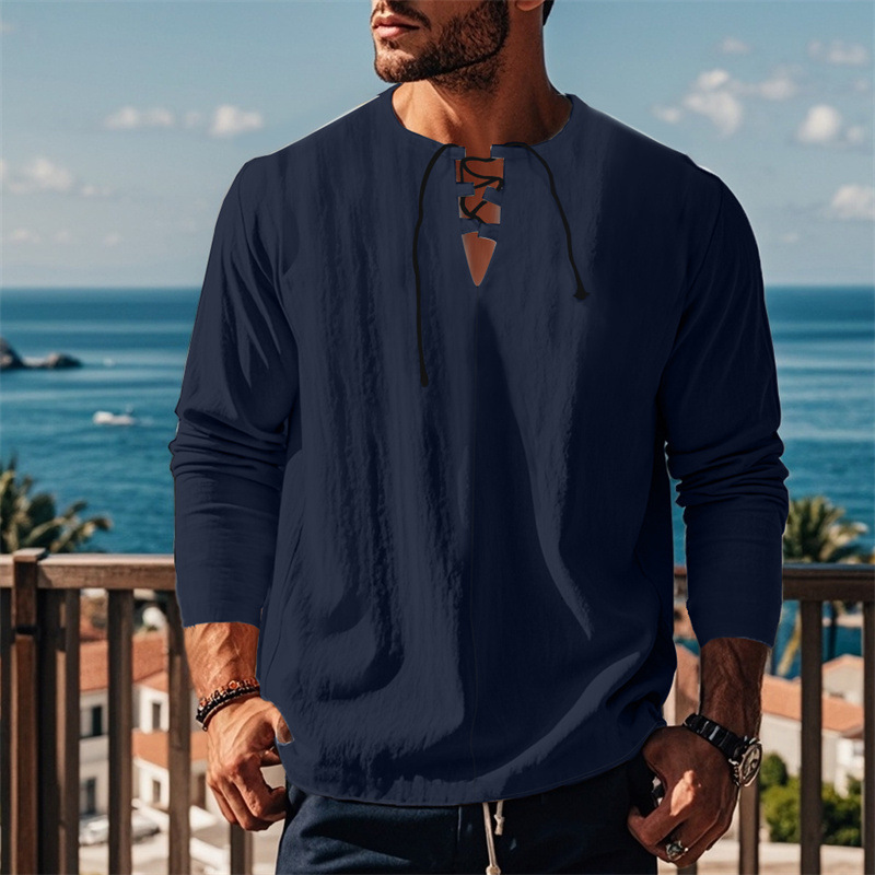 2025 Spring and Autumn New Cotton and Hemp Loose Strap V-neck Long sleeved Shirt Fashion Casual Top Long sleeved T-shirt
