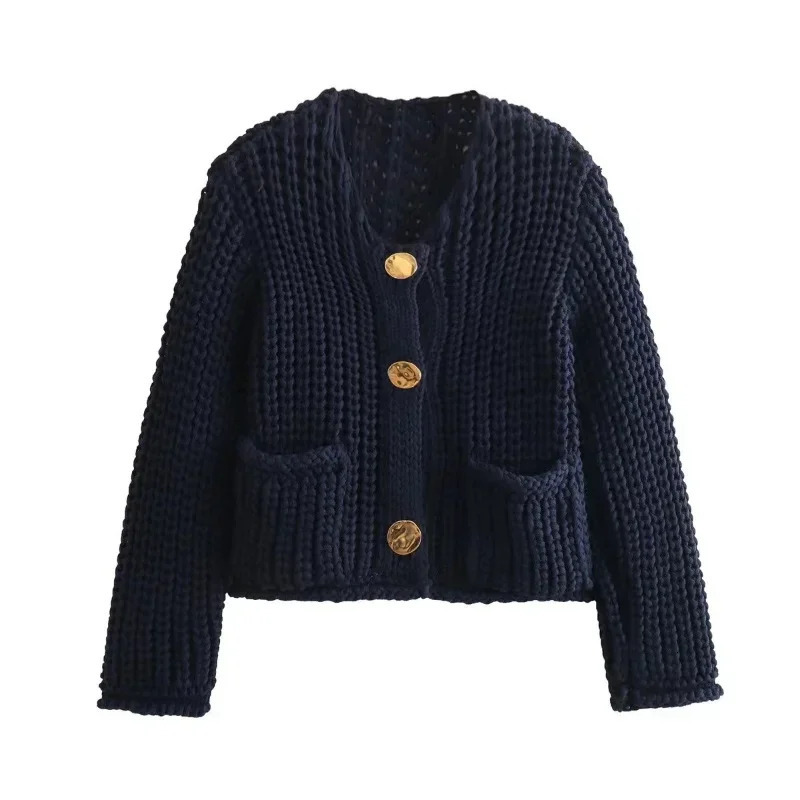 Solid Color Single Row Round Button Sweater Women Comfortable Casual Double Pocket Coat Fashionable Vneck Knitted Tops 251103
