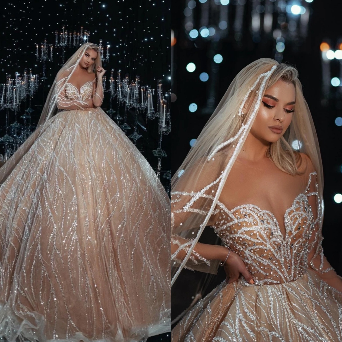 Exquisite Ball Gown Wedding Dress Sheer Neck Long Sleeves Bridal Gowns Sequins Crystal Sweep Train Dresses Custom Made vestidos de novia