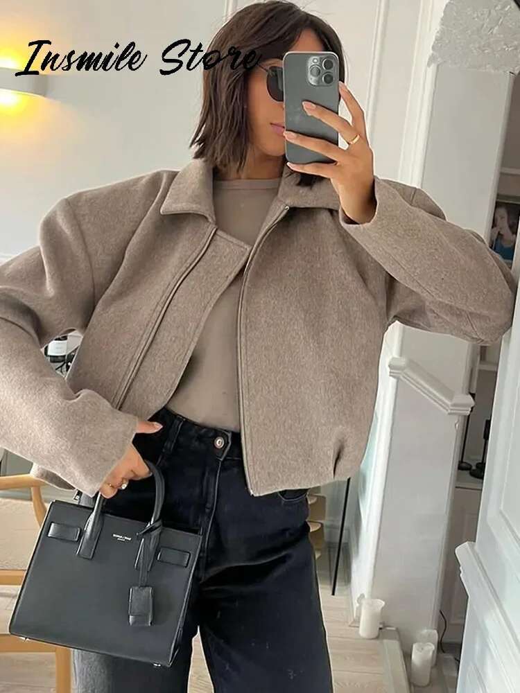 Vintage Khaki Women Short Coat Lapel Long Sleeve Zipped Pleated Loose Female Jacket 2025 Spring New Fashion Street Lady Jackets