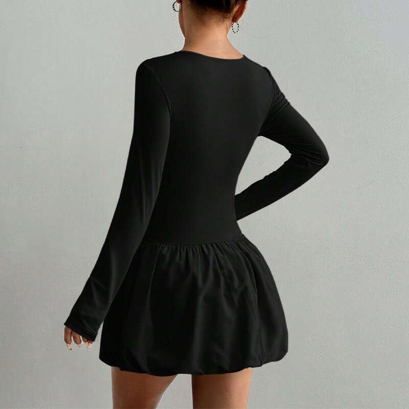 2025 Autumn New Cross-Border Amazon Foreign Trade European and American Style Elegant Slim Long Sleeve Stretchy Puff Dress for Women