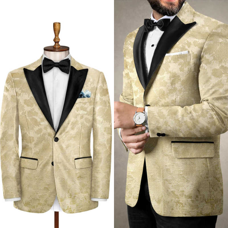 Stylish Men's Jacquard Tuxedos Single Breasted Peaked Lapel Pant Sets Slim Fit Prom Male Party Customized Wear
