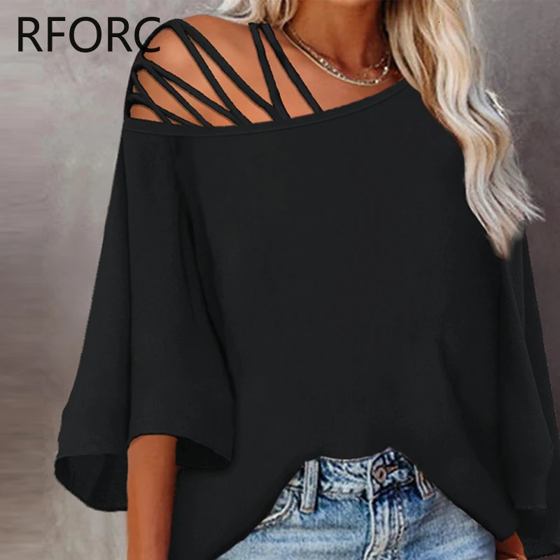 Womens Fashion Solid Batwing Sleeves Single Shoulder Criss Cross Loose Fit Shirt Top 250410