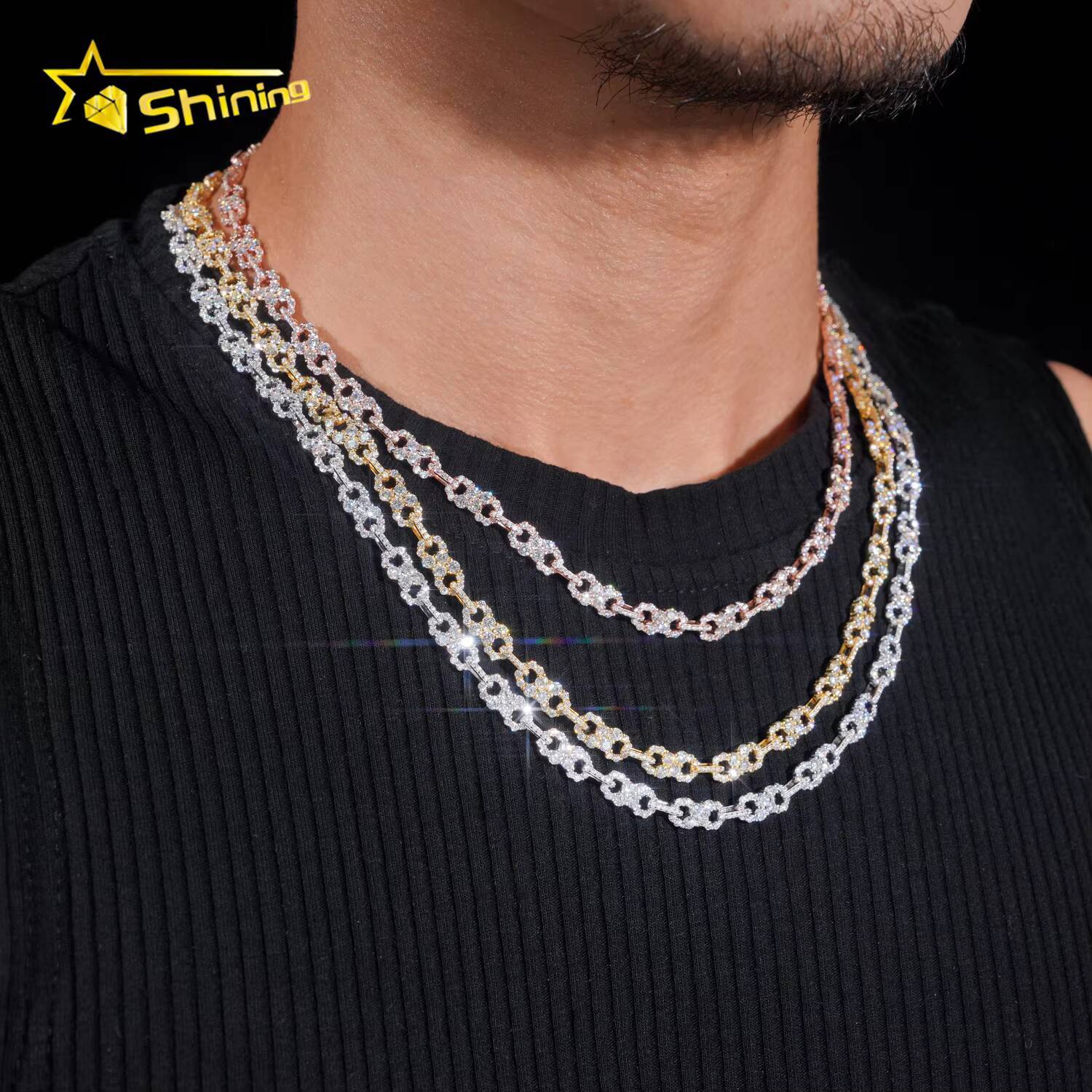 New Hip Hop Design Moissanite Infinity Link Chain Iced Out 925 Silver Men Gold Plated Moissanite Cuban Necklace