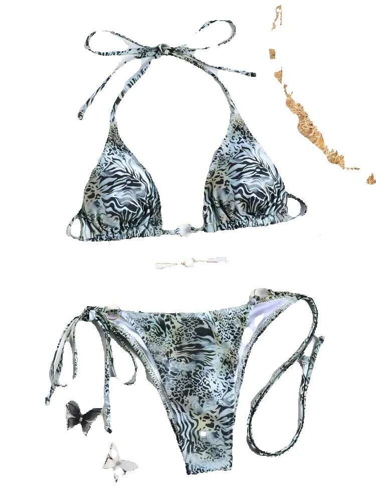 Sexy triangular chain set, mini flip flops women's bikini, beach bandage printed swimsuit, thong bikini
