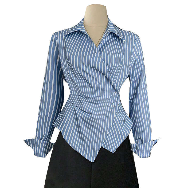 Cross-Border Foreign Trade Women's Fashion Elegant Striped 2025 Autumn New European and American Style Long Sleeve Shirt Cardigan Irregular