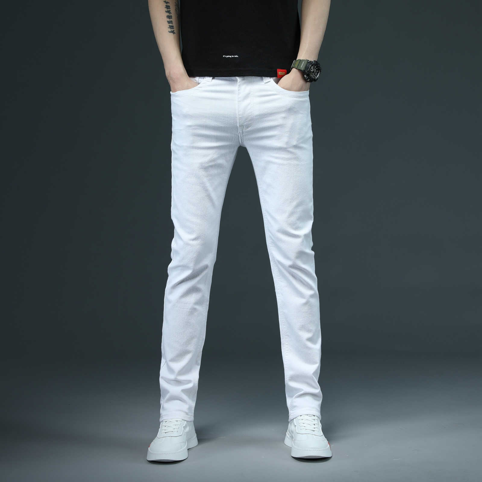 Mens stretch tight jeans white youthful casual fashion denim regular cotton Trouthers all season mens loose pantsW240715