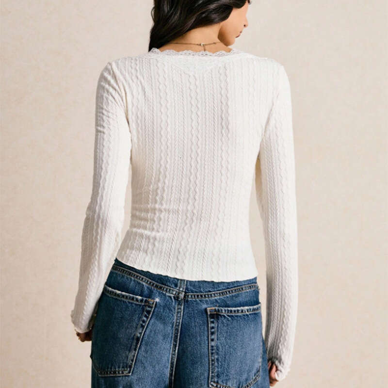 Rui Chuo Cross-Border Amazon Foreign Trade European and American Slim Fit Long Sleeve T-Shirt Autumn Winter Elegant Lace V-Neck Base Shirt for Women