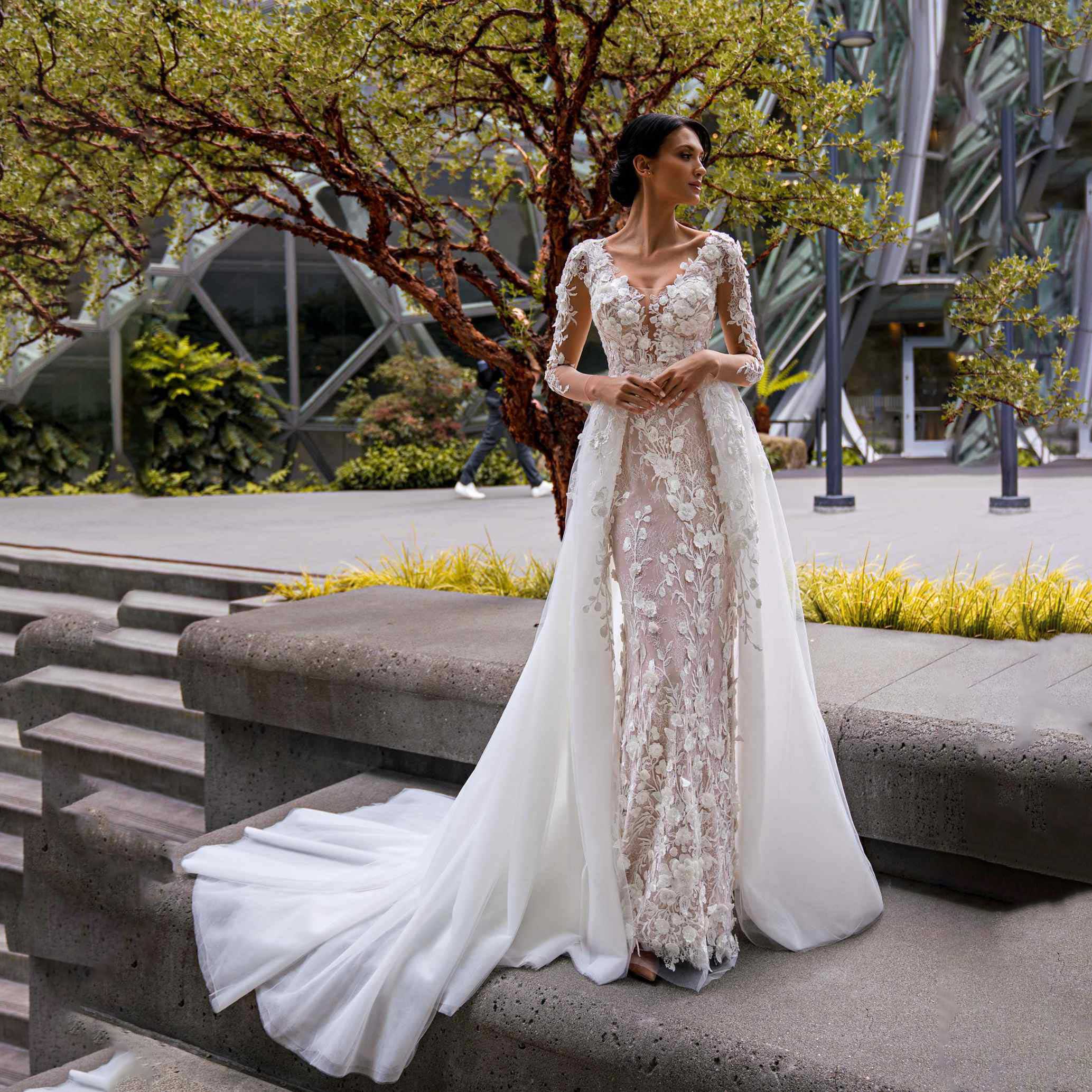 Classic Mermaid Wedding Dress Sexy V-Neck Bride Dresses 3D-Appliques Slim Fit Bridal Gowns Dress Ball Gowns Customized Plue Size H25677