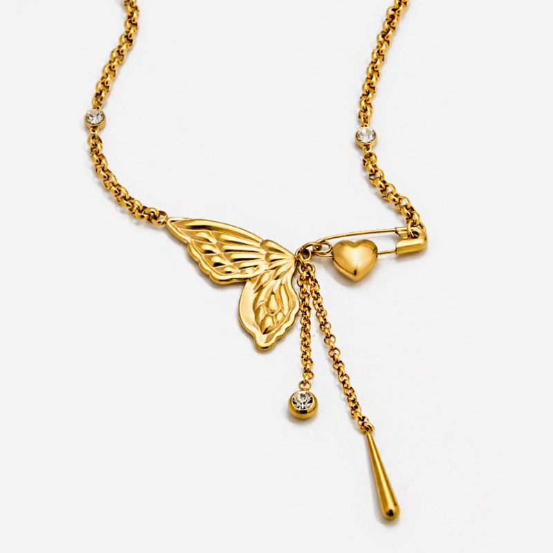 Jewellery High Quality 18K Gold Plated Butterfly Diamond Paperclip Necklace Stainless Steel No Fade Jewelry Gift for Special Occasions Textured Elegan