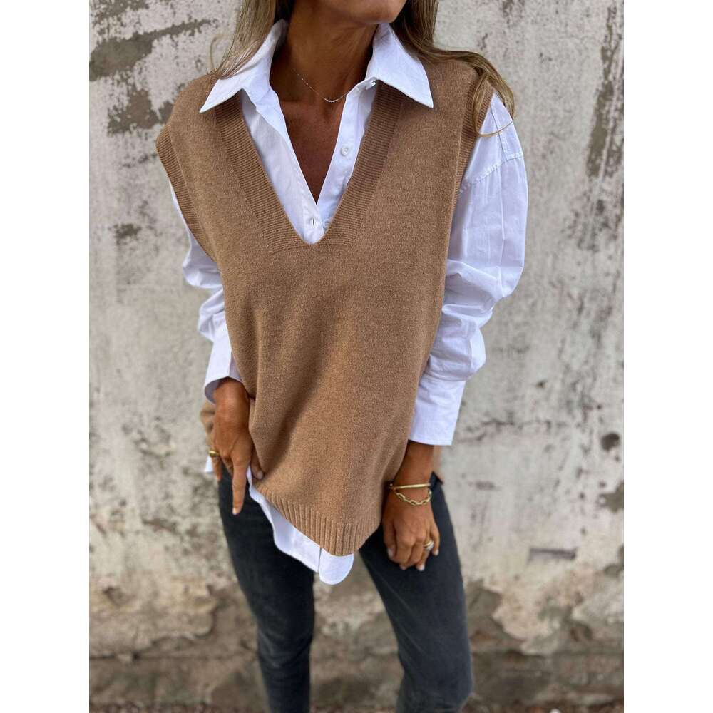 Cross-Border Autumn and Winter Casual V-Neck Knitted Solid Color Sweater Versatile Basic Vest