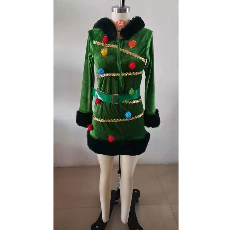 Christmas Performance Costume New Hooded Dress Dark Green luxury winter quality