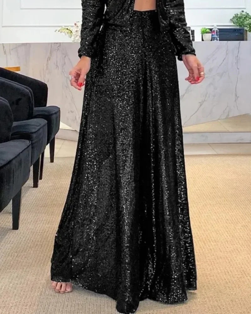 Elegant Shinny Sequin Long Pants Women Fashion High Waist Draped Loose Trousers Spring Autumn Casual Wide Legger Solid Pant 250409