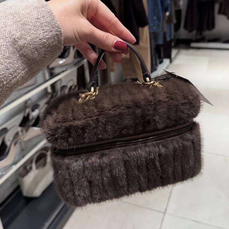 Faux Mini Box Bags For Women Luxury Designer Handbag And Purse 2025 New In Polyester Imitation Rex Rabbit Fur Chain Shoulder