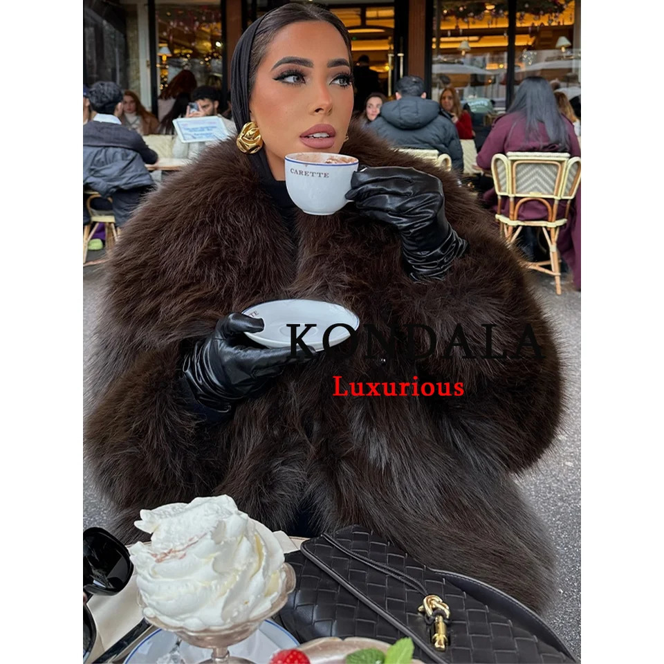 KONDALA Casual Brown Thick Fur Jackets Women Long Sleeve V Neck Autumn Winter Faux Coats Fashion Streetwear Outwears 251110