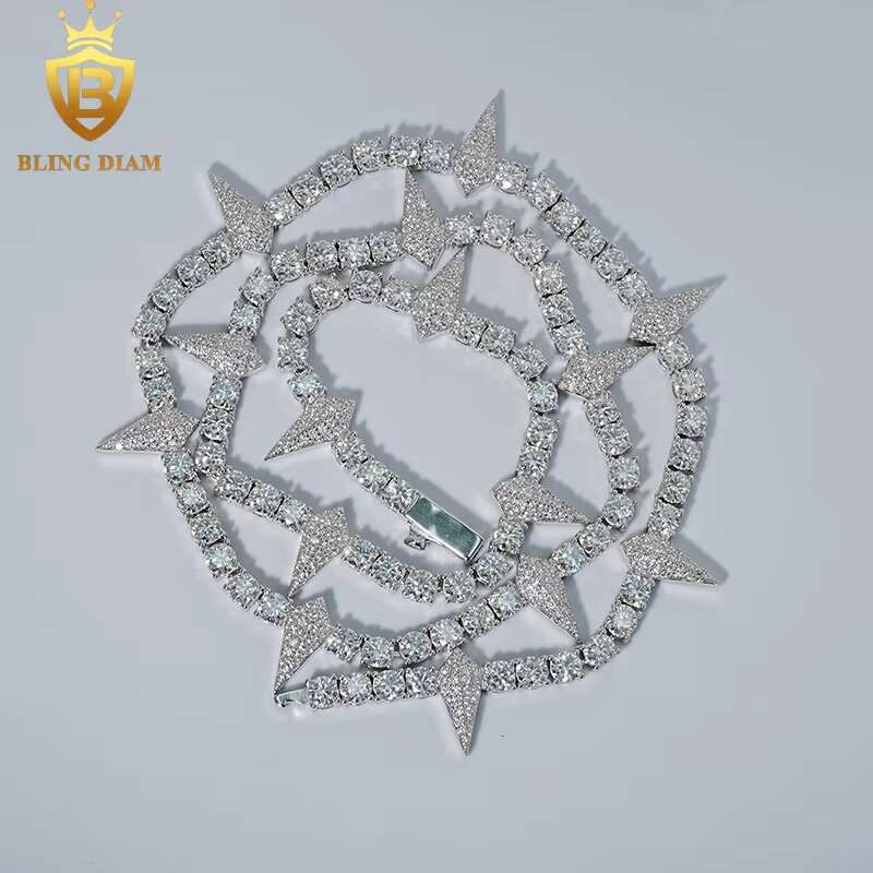 4mm Fashion Hip Hop Jewelry 925 Silver VVS Moissanite Iced Out Tennis Chain Cluster Thorn Shape Necklace