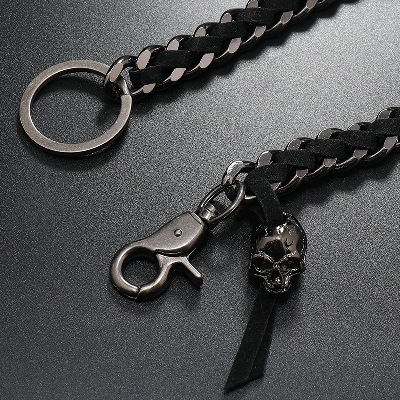 Mens Hip Hop Pants Chain Black Alloy Skull Safe Travel Wallet Heavy duty Jeans Coil Waist 250410