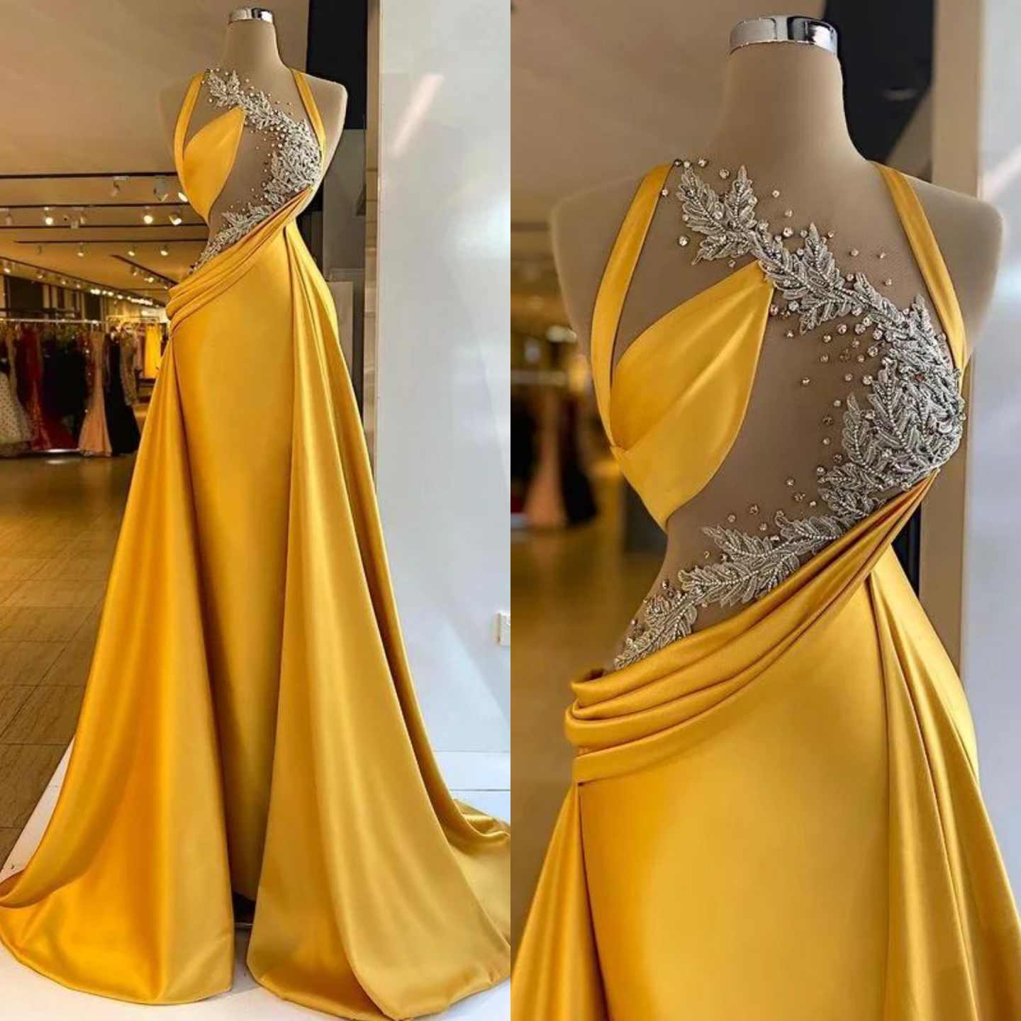 Graceful Satin Mermaid Evening Dresses Halter Neck Crystals Beaded Prom Gowns Sleeveless Special Occasion Customized