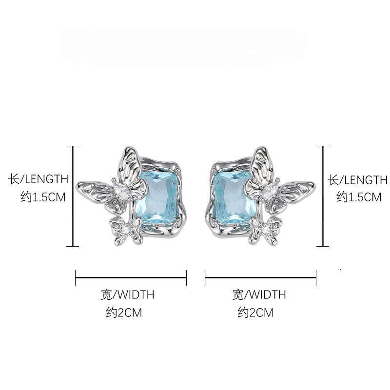 Original Exquisite Blue Zircon Butterfly for Women Geometric Square Simple Design Sweet Cool Style Personality Earrings