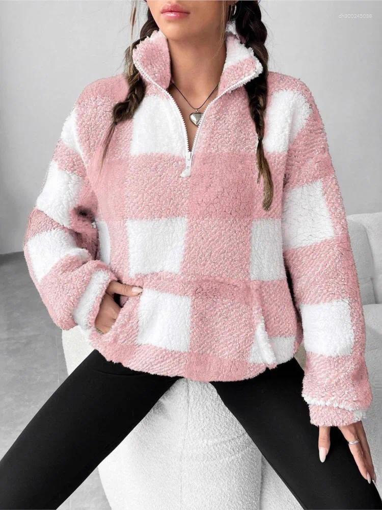 Women's Sweaters Casual Lattice Plush Simple Style Loose All-match Homewear Pullover Contrast Comfortable Commuting
