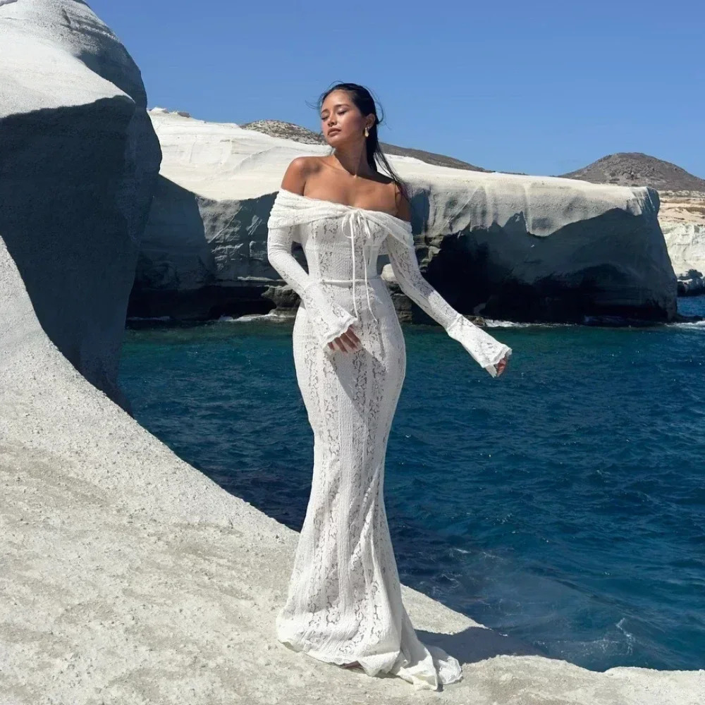 Suninhaart White Shoulder Bodycon Dress Flare Sleeves Elegant Lace Maxi Dress Female Guest Dress 250409