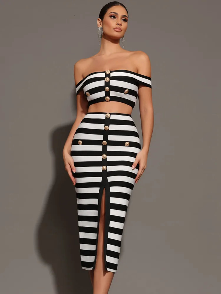 Womens Summer Sexy Shoulder Strap Button Two Piece Mini Bandage Set Celebrity ner Evening Party 250410