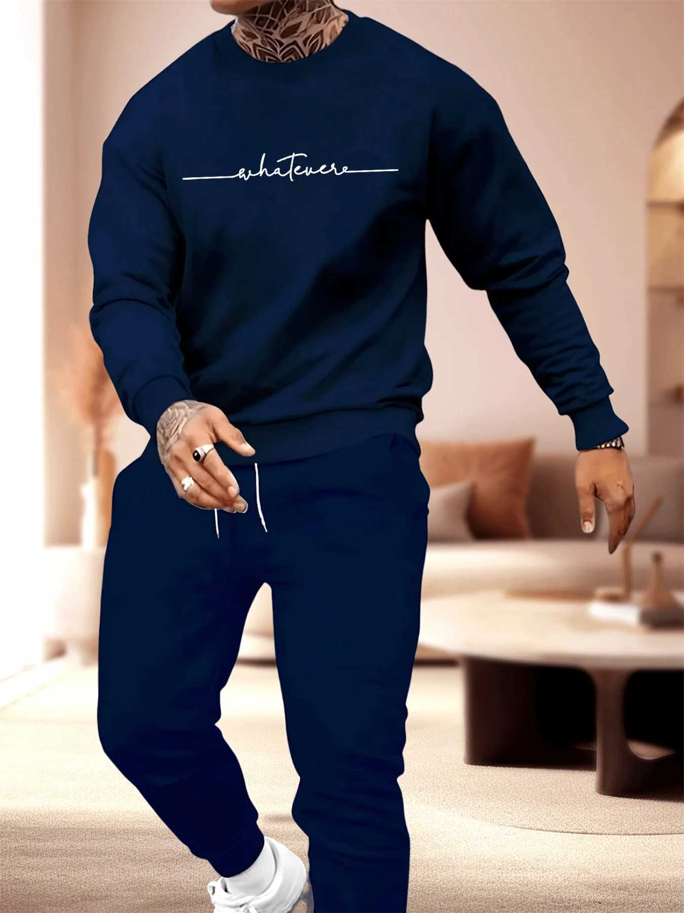 Mens autumn and winter casual warm simple letter print loose and thick velvet round neck sweatshirtsports pants set W251110