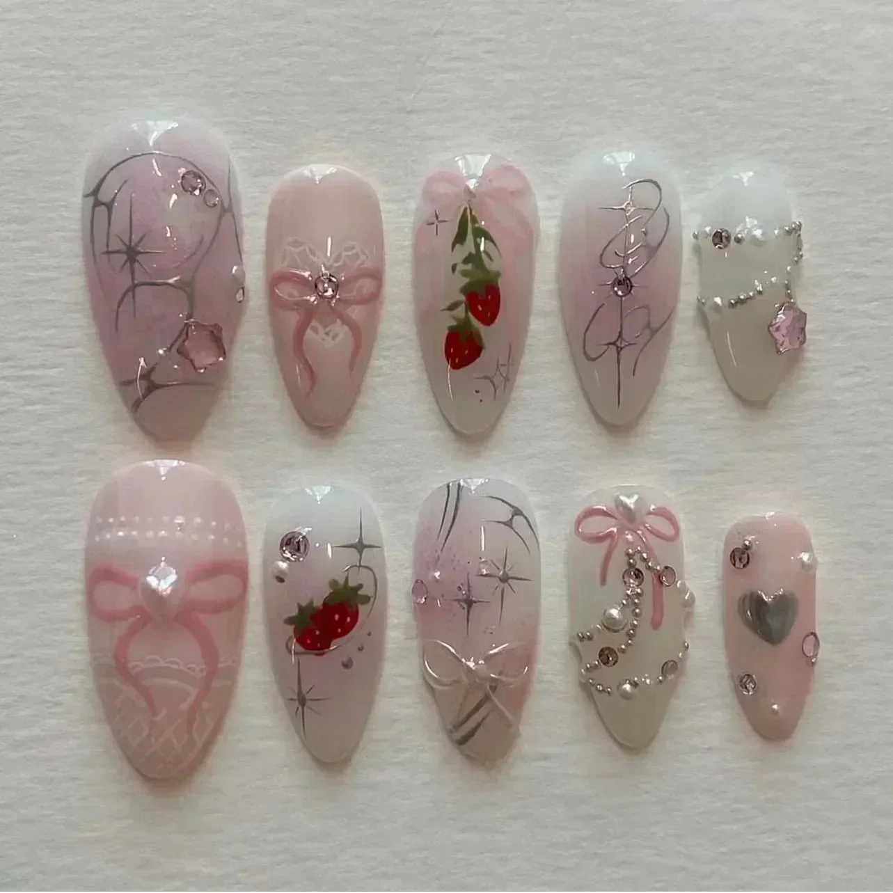 24 pieces of short almond pressed 3D butterfly fake nails glue colored natural acrylic fake nails fully covered nails W250410