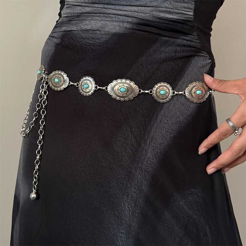 Fashion Silver Bohen Fem Round Waist Chain Luxury Blue Gemstone Elliptical Chain Belt Suitable for Womens Clothing X250410