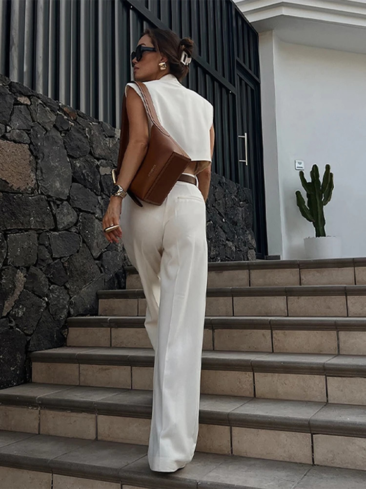 Elegant Vest Pant Sets Women White V-neck Sleeveless Button Short Top Wide Leg Pants Female 2025 Summer Fashion Office Lady Set 250408