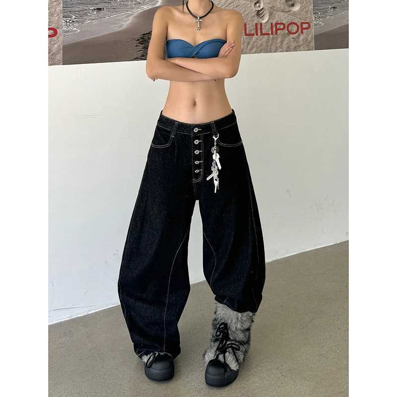 Women Vintage Y2K 2000s High Waist Jeans Korean Oversize Fashion Loose Simple Casual Black Wide Leg Pants Lady Streetwears C251110
