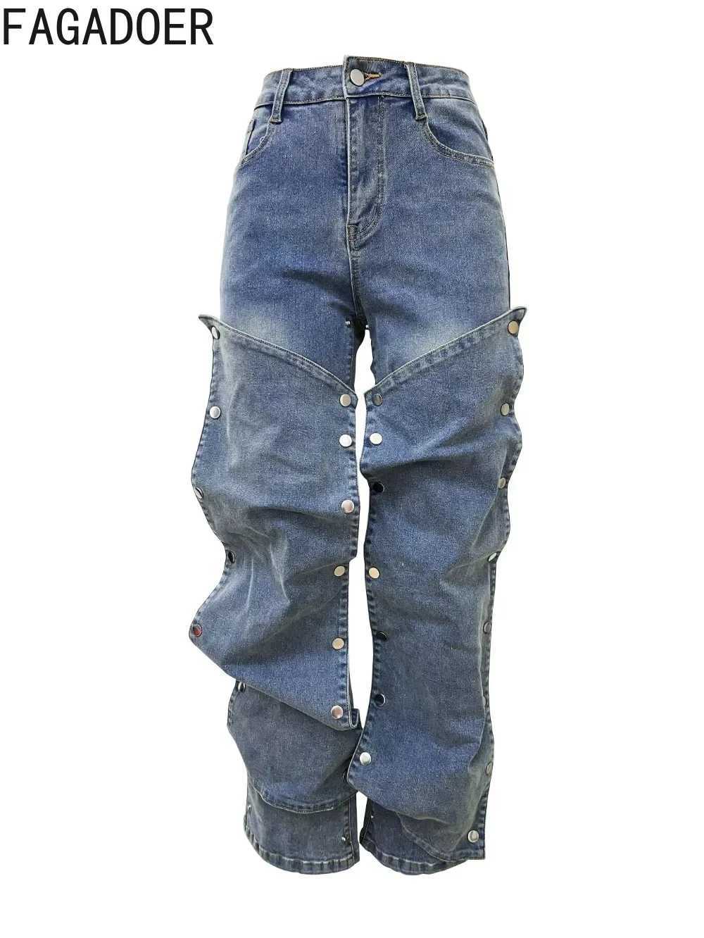 FAGADOER Y2K Retro Straight Denim Pants Women Buttons Irregular Patchwork Jeans Trendy Female Streetwear Bottoms 2025 Spring New C251110