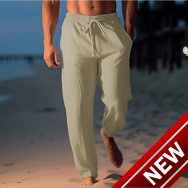 Mens linen pants summer pants beach pants drawstring elastic waist straight tube flat comfortable breathable casual daily wear