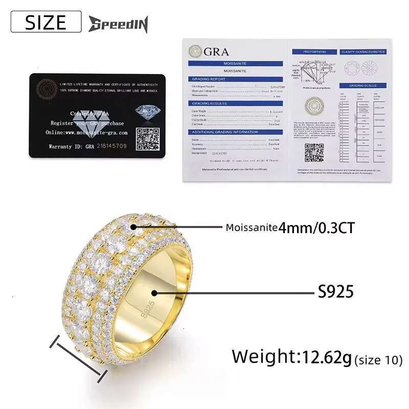 Hip Hop Iced Out Sier Pass Dia Tester 5 Rows VVS Moissanite GRA Rapper Dazzg Sparkly Eternity Band Ring For Men