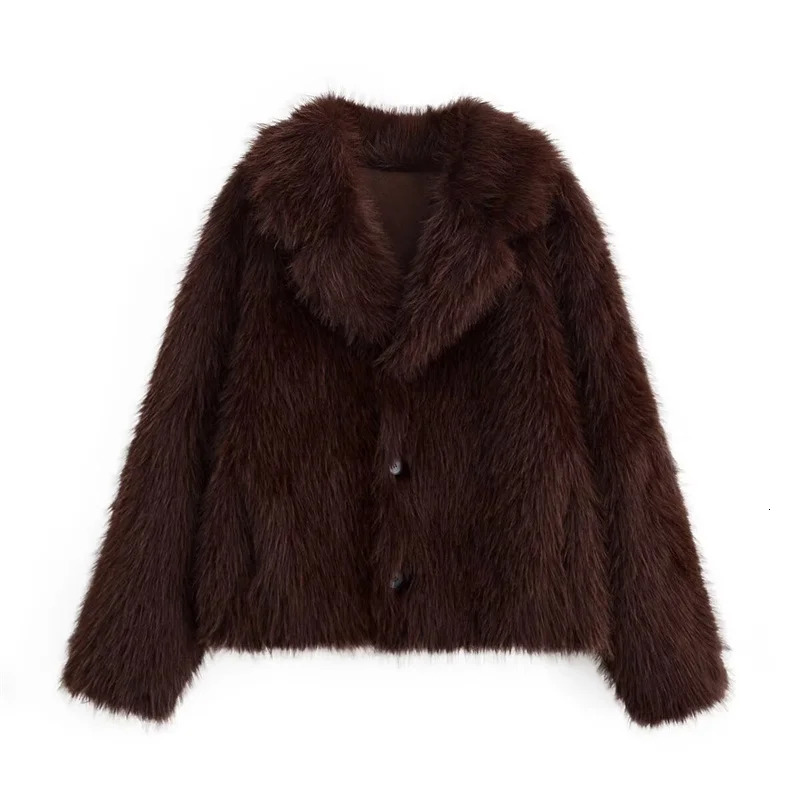 Womens Jacket Autumn Style Brown LongSleeve Faux Fur Reversible Warm Coat Elegant and Stylish 251110