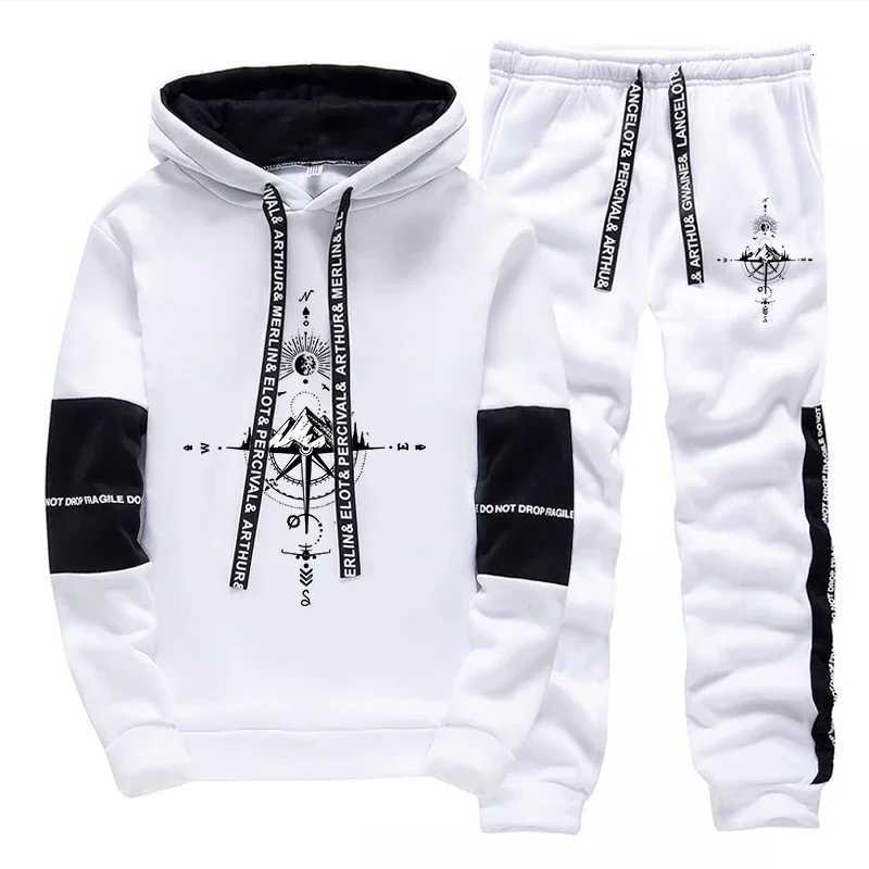 Vintage Compass Print Mens Tracksuit Hooded Sweatshirt Sweatpants Autumn Winter Casual Sportswear Jogging Outfit Clothes for Man W251110