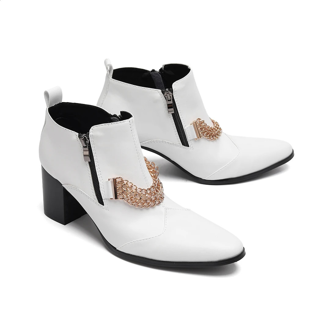 White Chains Genuine Leather Men High Heel Boots Large Size Club Party Drag Queen Dress Shoes Pointed Toe Zipper Ankle Boots 251106