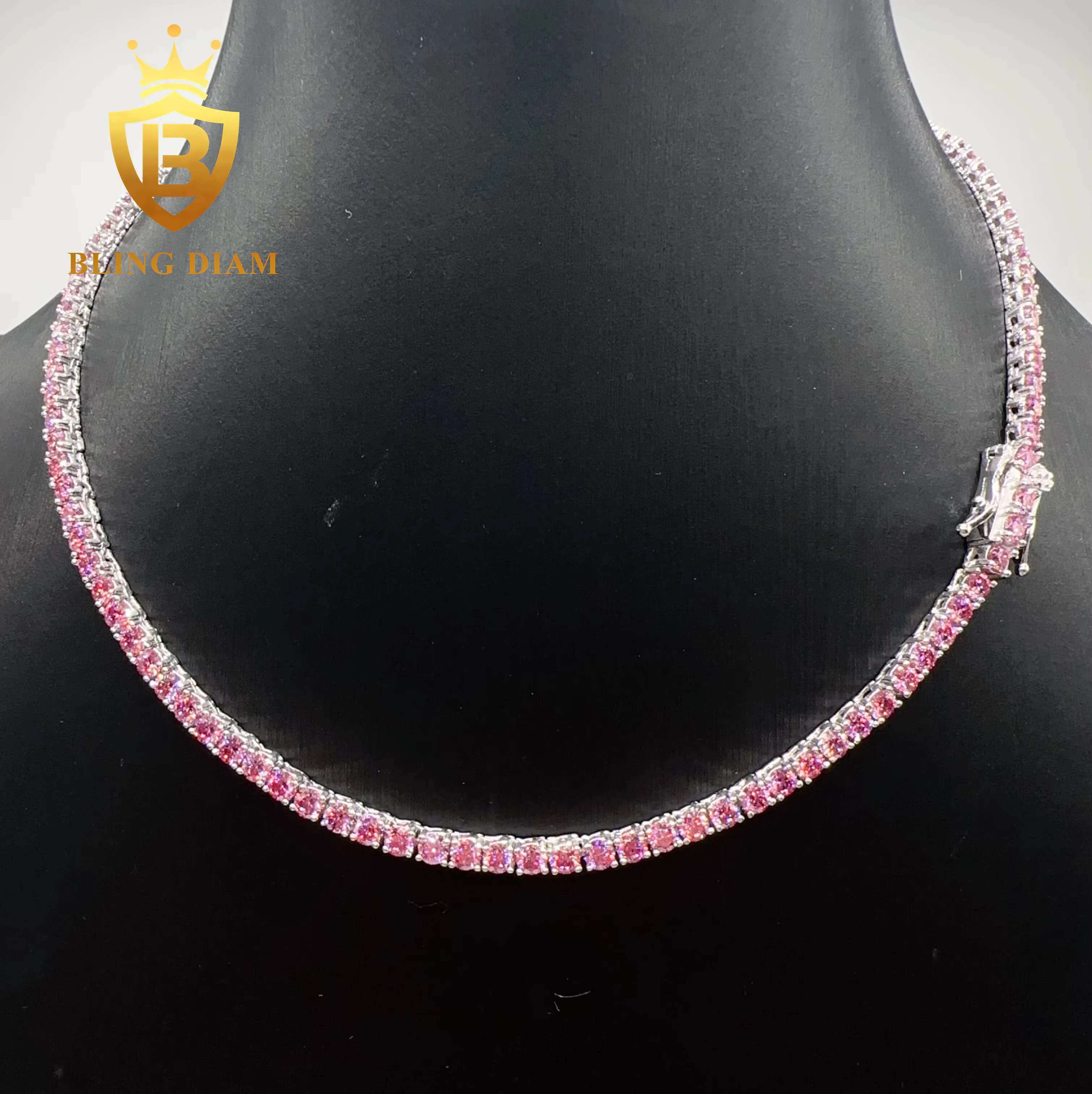 Blingdiam Jewelry Pass Diamond Tester S925 Sterling Silver 3mm 4mm Pink Moissanite Tennis Chain
