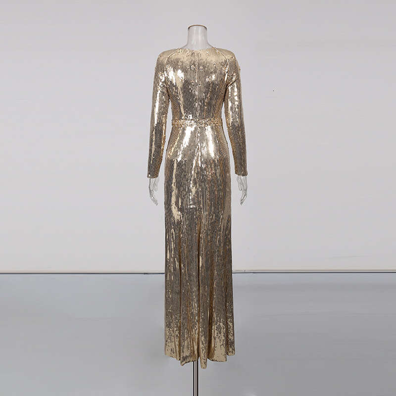 Celebrity Style gold Sequin Patchwork Evening Gown Long 2025 Autumn Winter New Women's Waist-Cinching Night club maxi dress SEXY DRESSES FOR WOME