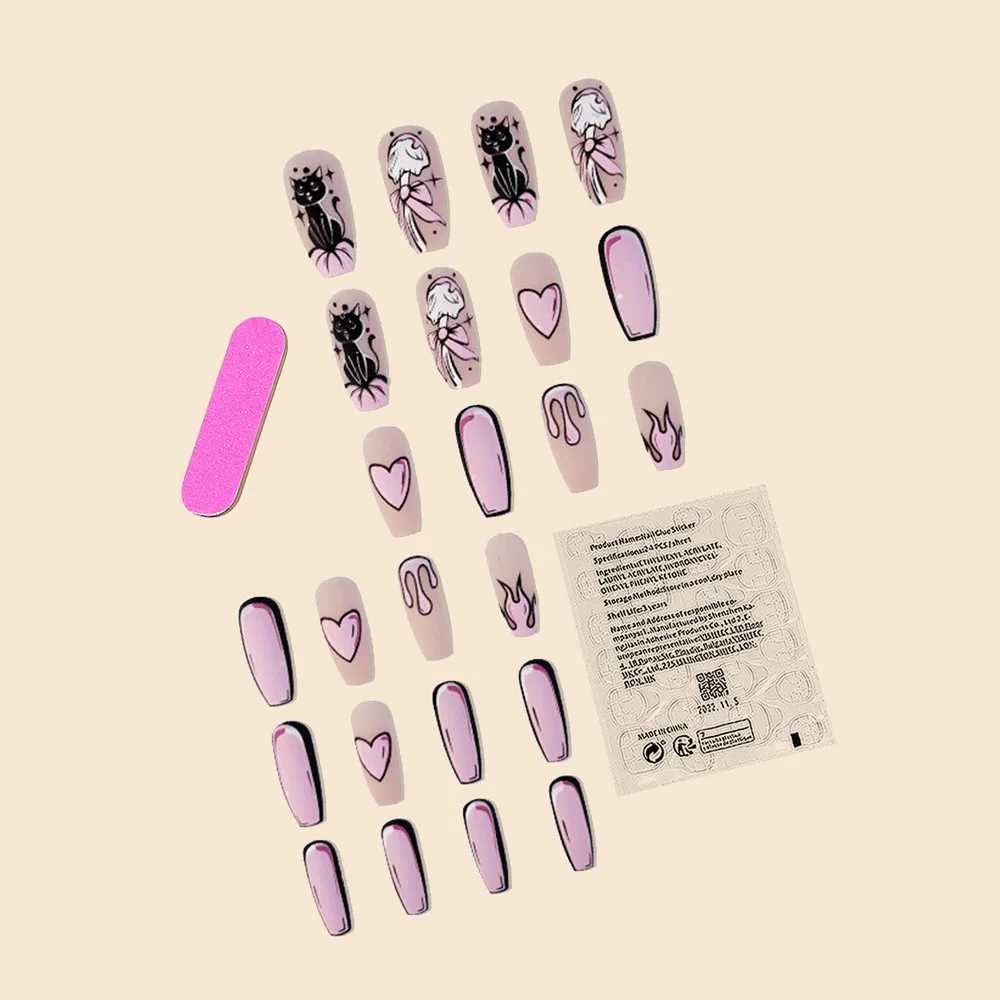 24Pc/set long ballet pink French heart-shaped cat cartoon pattern printing full coverage wearable fake nail press W250410