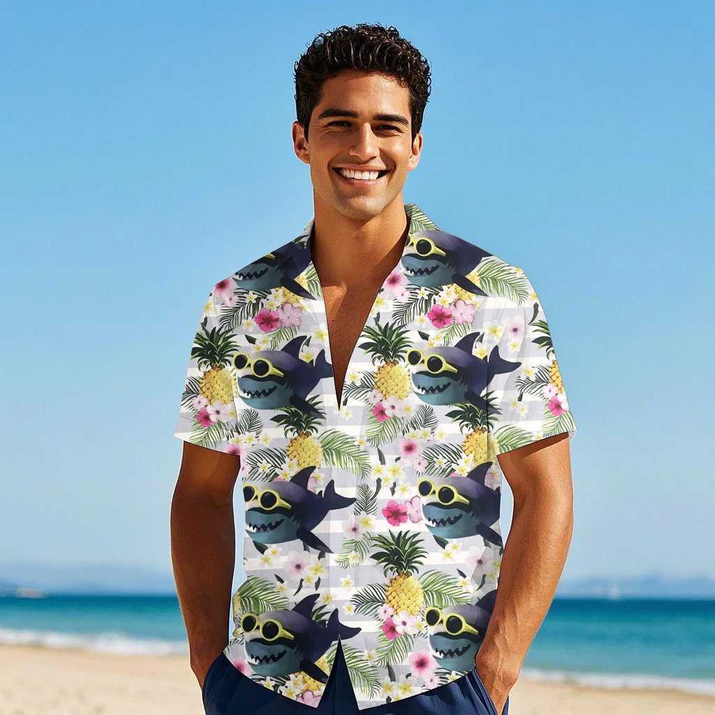 Mens Hawaiian print short sleeved summer beach pineapple flower casual top X250410