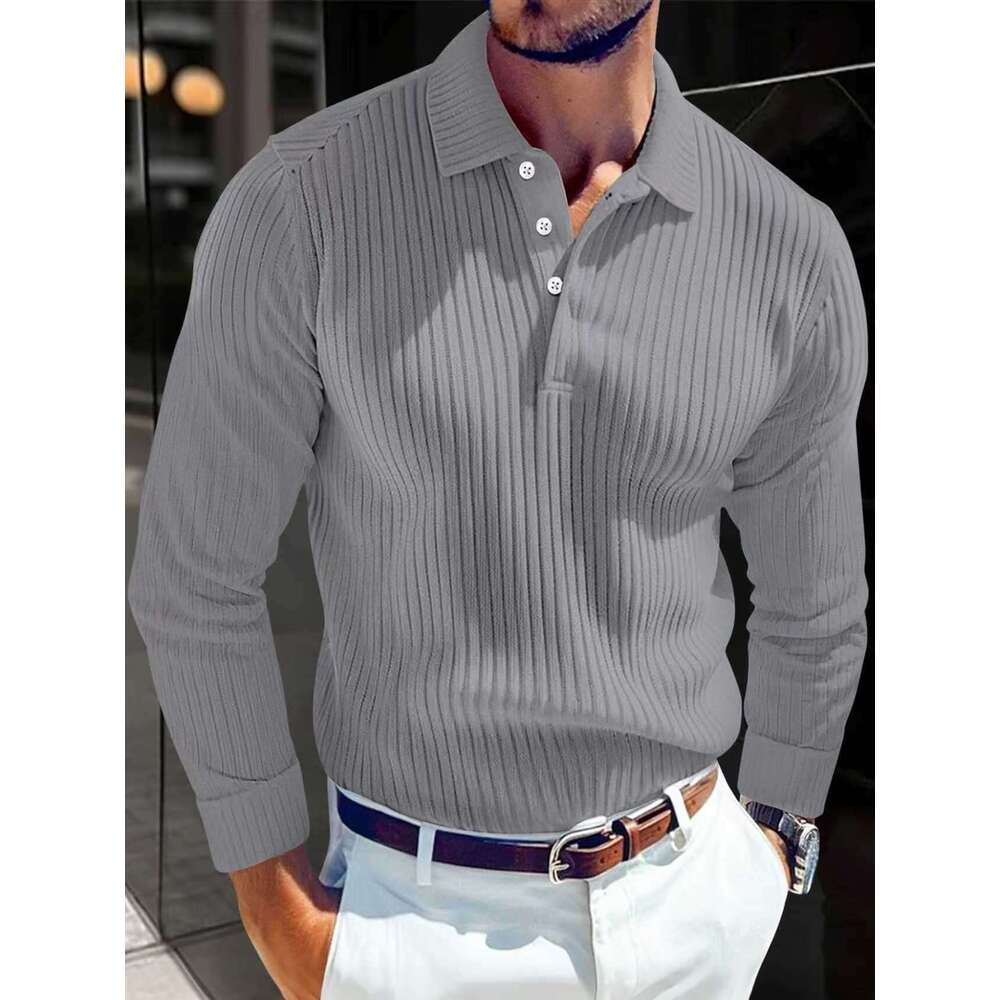 Cross-Border New European and American Men's T-Shirt Knitted Lapel Business Button Slim Fit Long Sleeve Polo Shirt