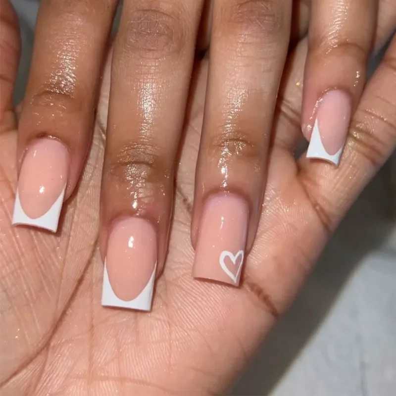 24 piece square pink French full set of fake nails - short coffin pressed on nails with love design for girls mothers nails art nails W250410