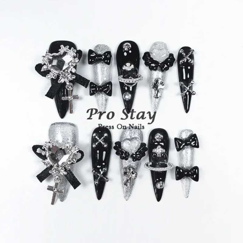 0 pieces of dark black Y2k hot girl hand pressed nails sweet and cool diamond metal decoration wearable fake nails W250410