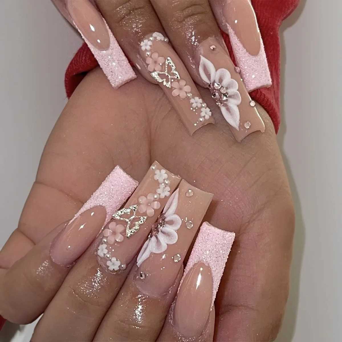 24Pcs super rectangular fake nails with adhesive 3D bear bow design fake nails white French press wearable nails W250410