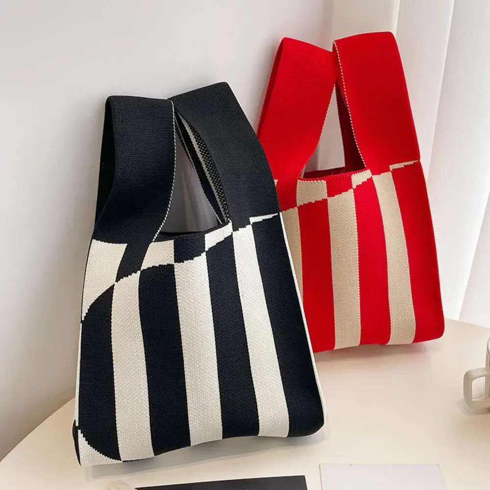 Handmade Knit Handbag Women Mini Knot Wrist-Bag Female Casual Color Wide Stripe Plaid Tote Student Reusable Shopping Bag