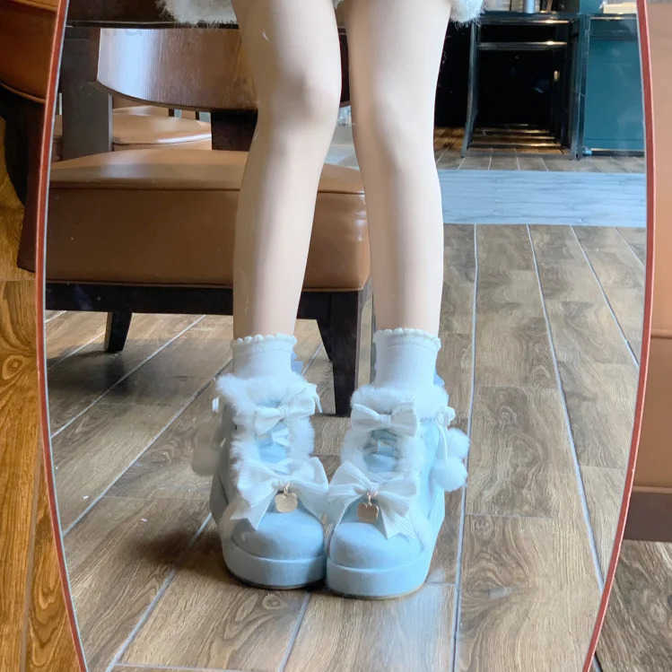 Sanrio Lovely Girls Lolita Winter Warm Snow BootsStudents Sweet Plush Bowknots PU Leather Lace Up Heightening Mid-Calf Platform Shoes H251110