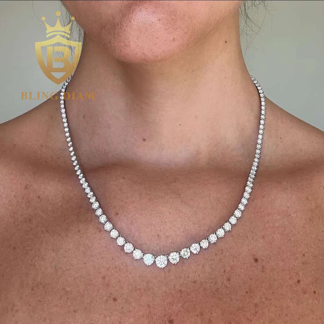 Fashion Design Small to Big 3 Prong Round Moissanite Tennis Chain S925 Sterling Silver Iced Out Moissanite Chocker Necklace