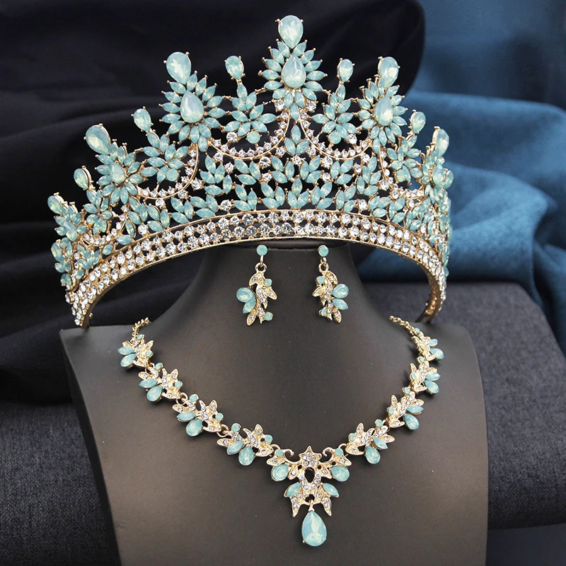 High Opal Pink Tiaras and necklace earrings Bridal Jewelry Sets for Women Brides Wedding Crown Prom Birthday Costume Accessories 250409