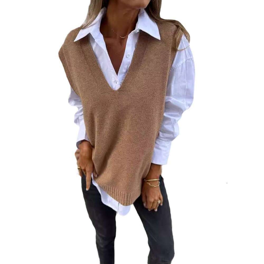 Cross-Border Autumn and Winter Casual V-Neck Knitted Solid Color Sweater Versatile Basic Vest